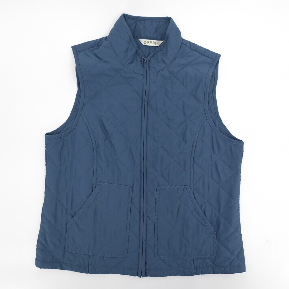 Orvis PUffer Vest Womens Medium Blue Sleeveless Mock neck Pocket Full Zip Outdoo